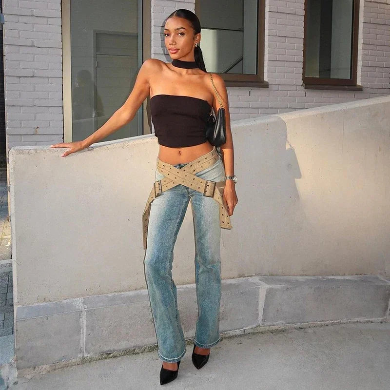 Vintage Distressed Low Rise Straight Leg Jeans