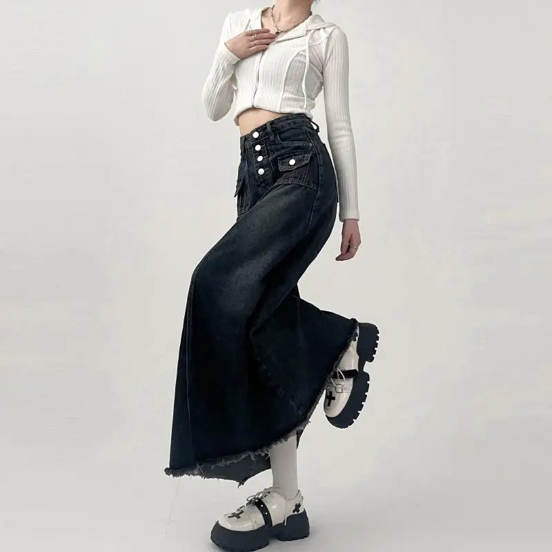 High-Waisted Cargo Denim Skirt