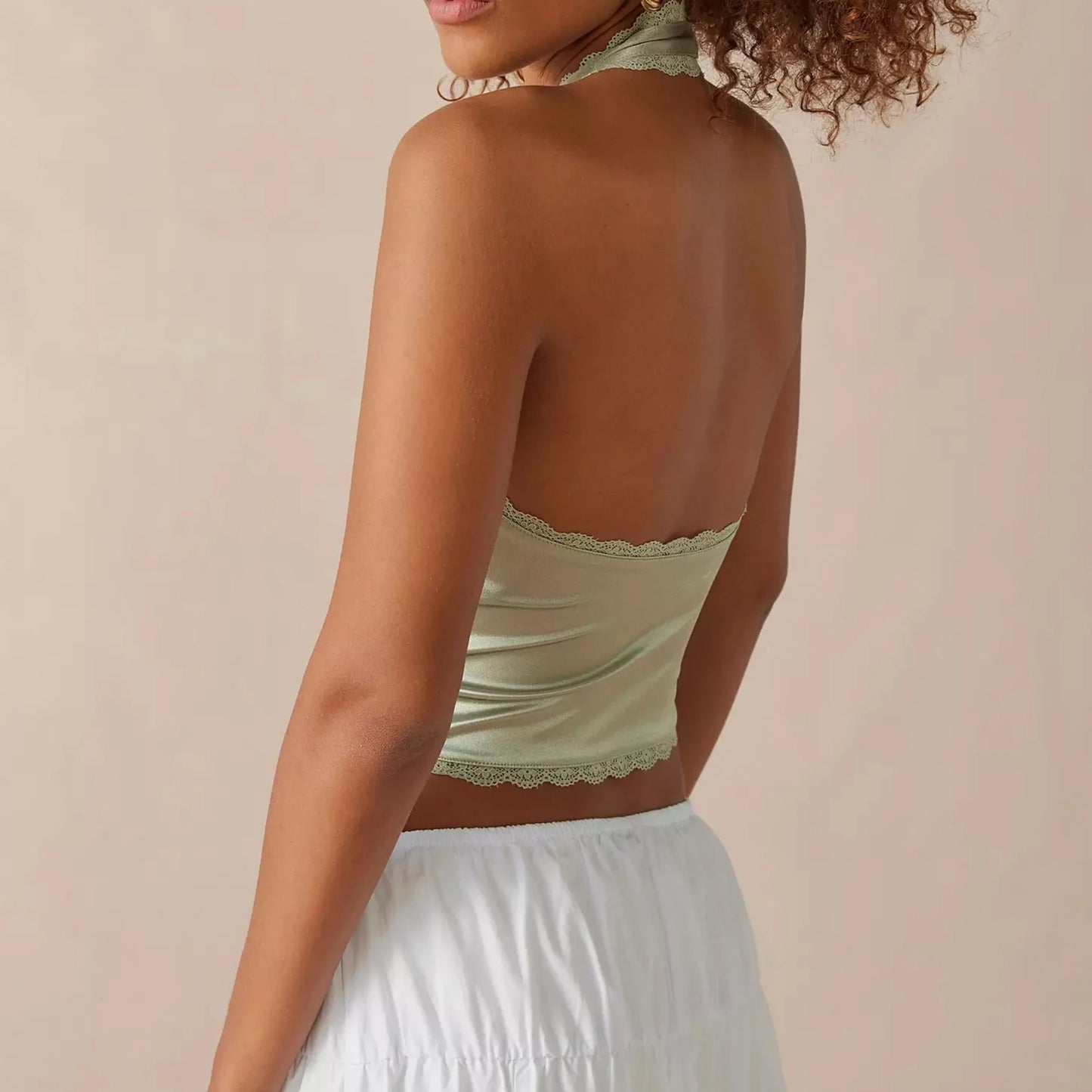 Lace Trim Satin Halter Crop Top
