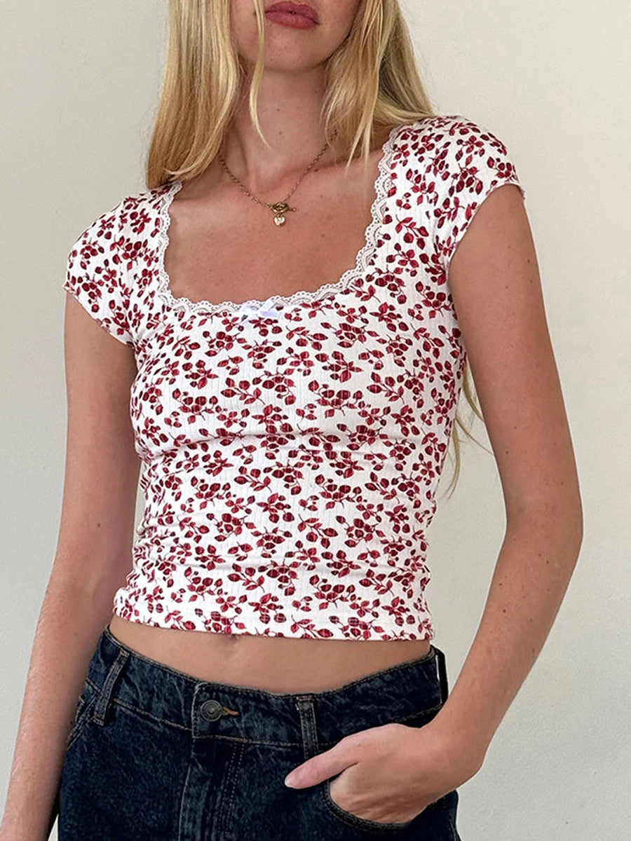 Floral Lace Trim Square Neck Tee