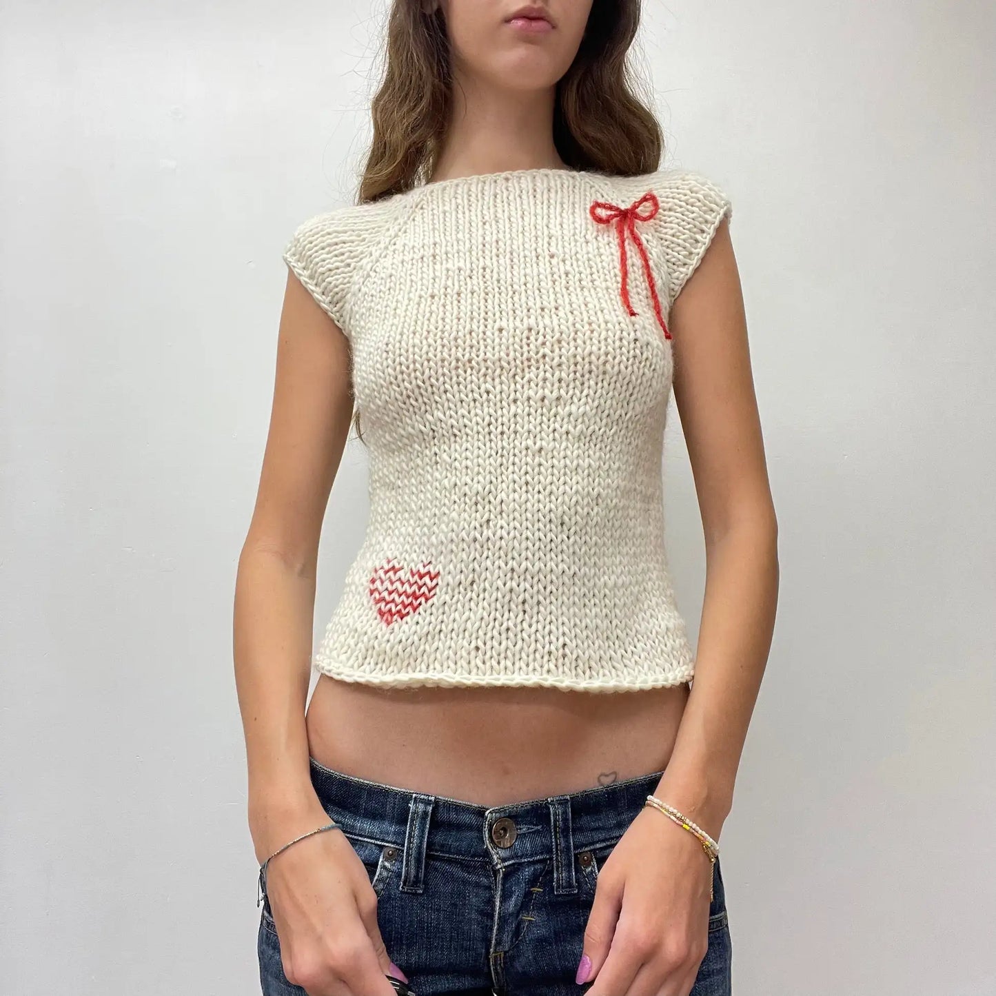 Bow Embroidery Knit Crop Tee