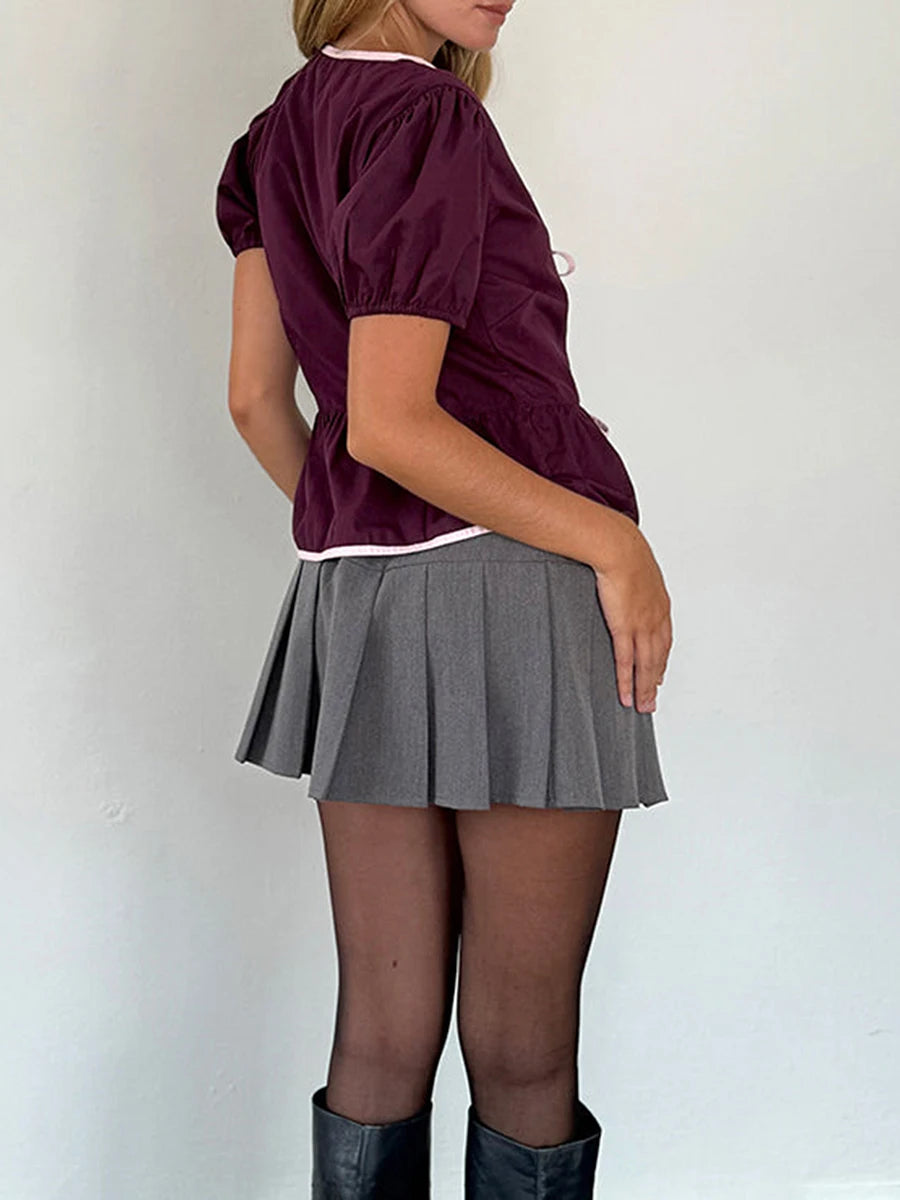 Peplum Puff Sleeve Bow Blouse