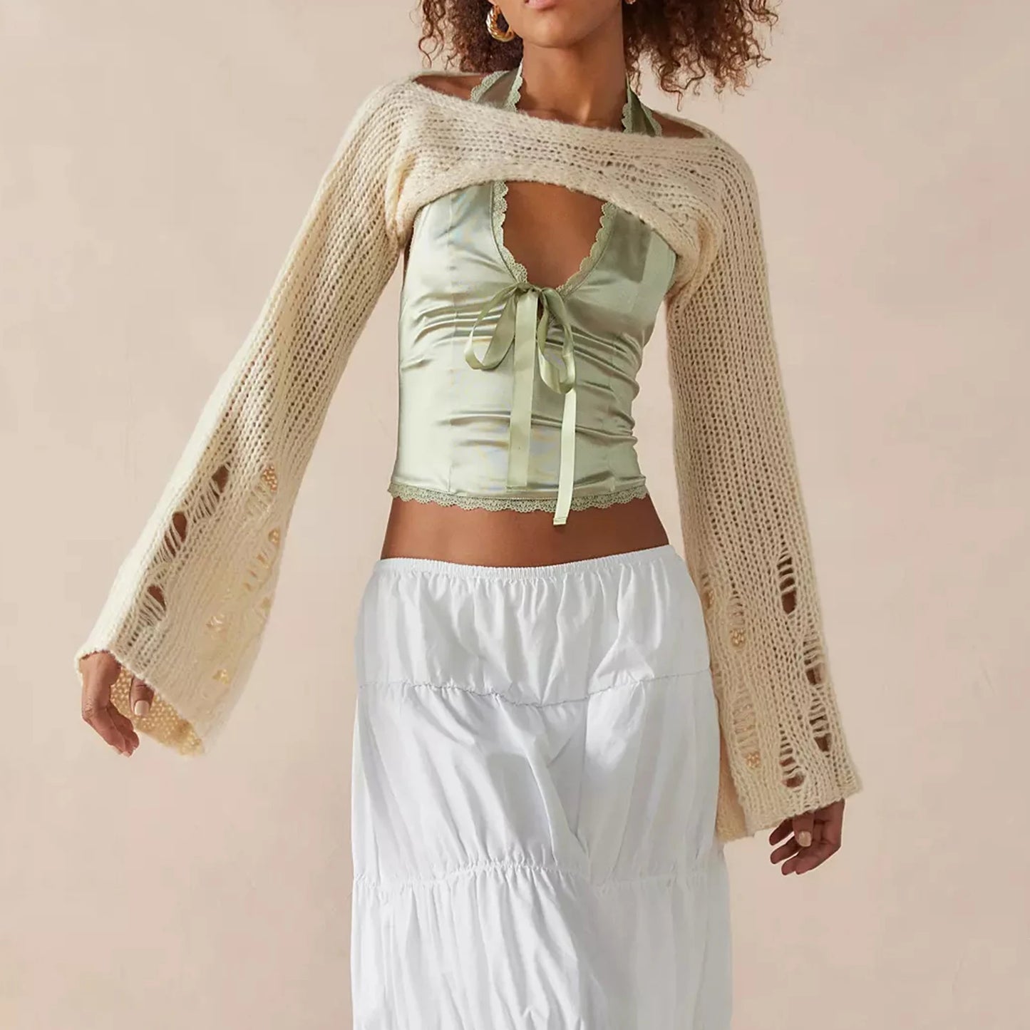 Lace Trim Satin Halter Crop Top