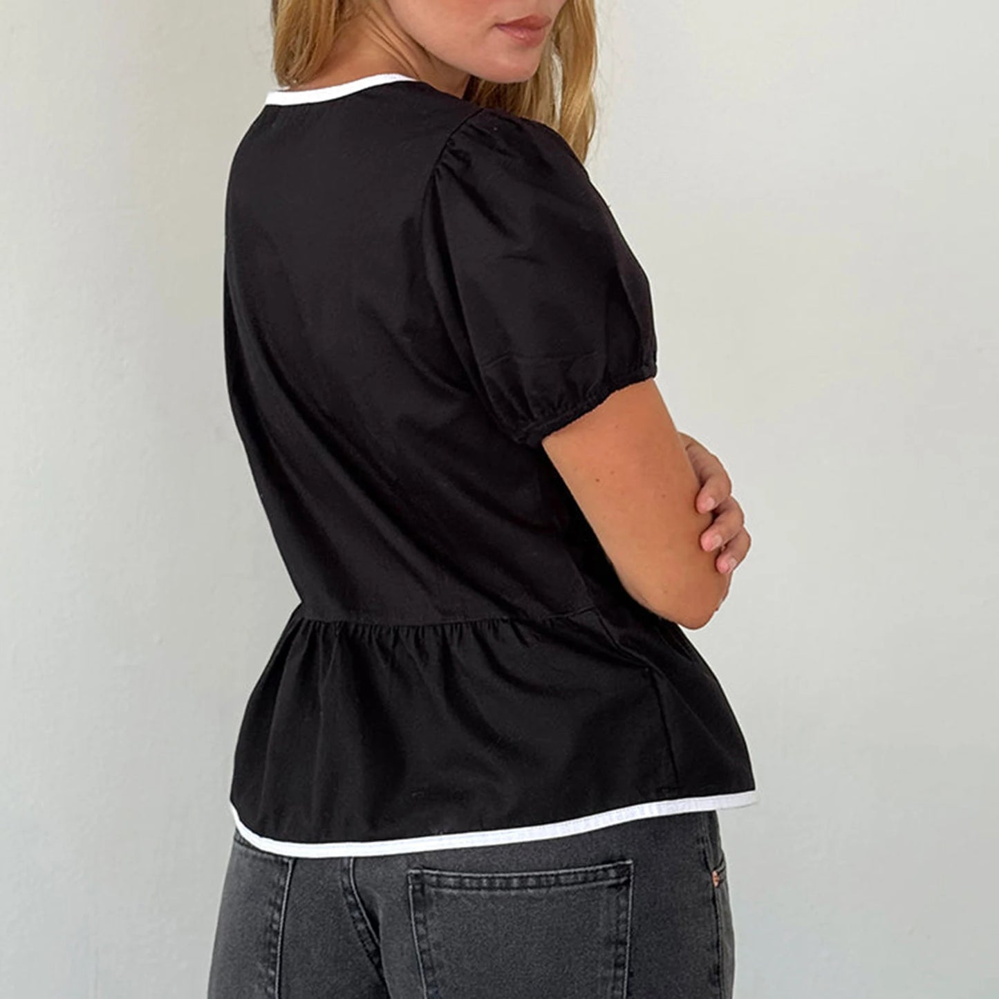 Peplum Puff Sleeve Bow Blouse