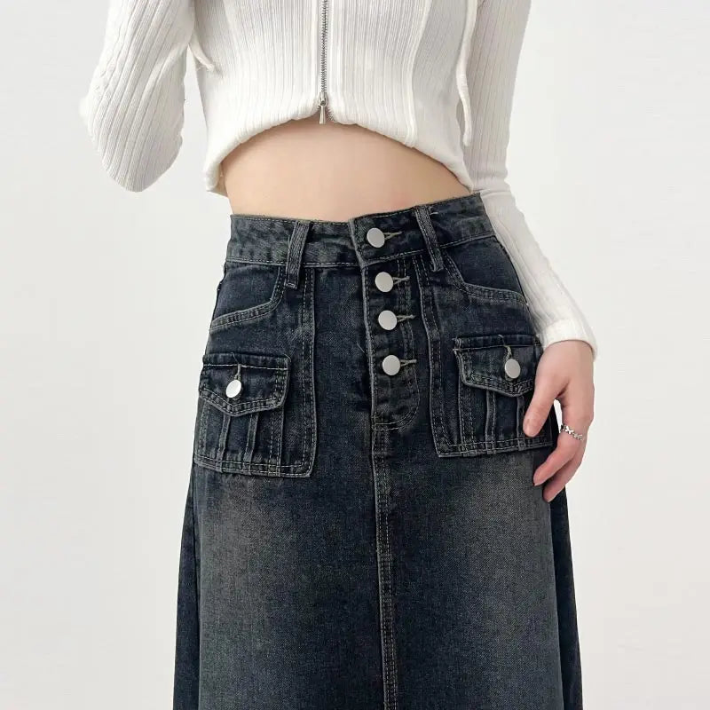 High-Waisted Cargo Denim Skirt