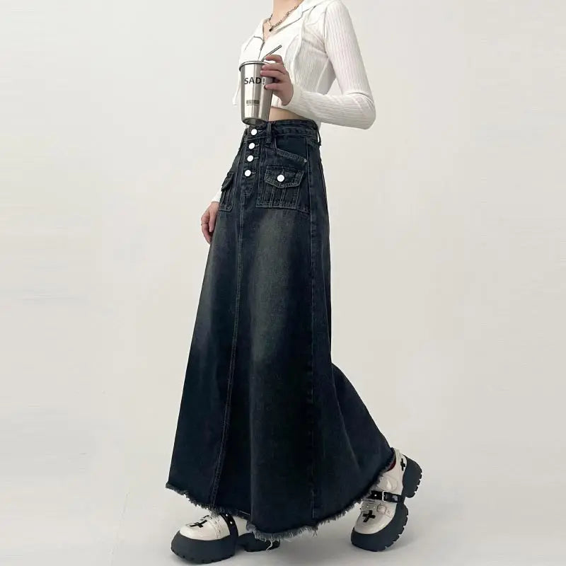 High-Waisted Cargo Denim Skirt