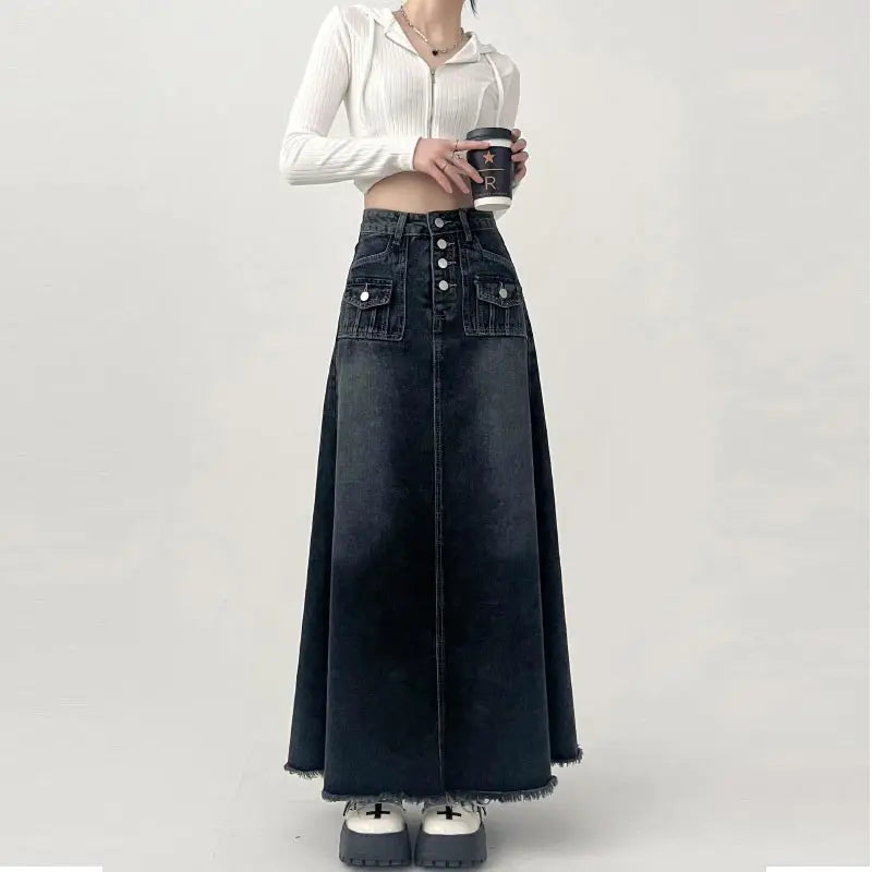 High-Waisted Cargo Denim Skirt