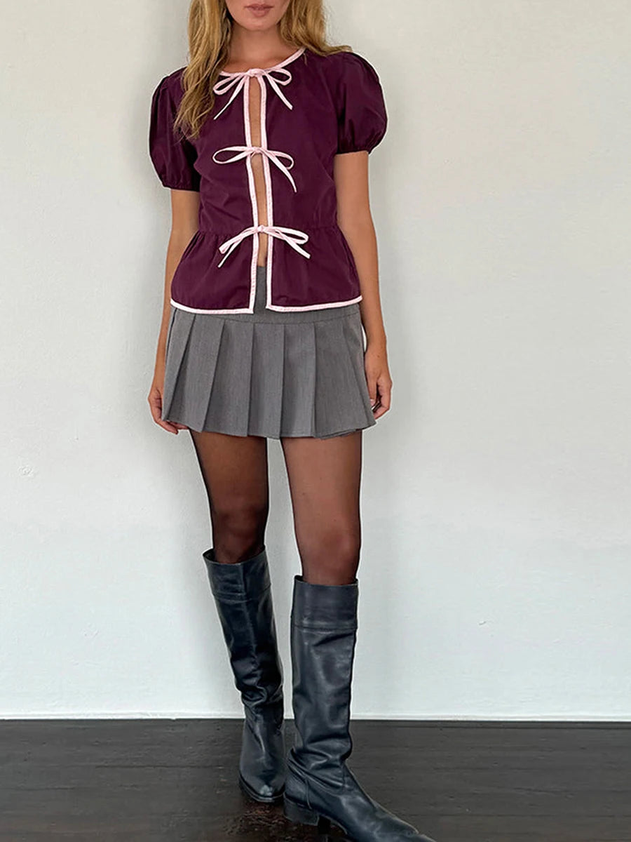 Peplum Puff Sleeve Bow Blouse