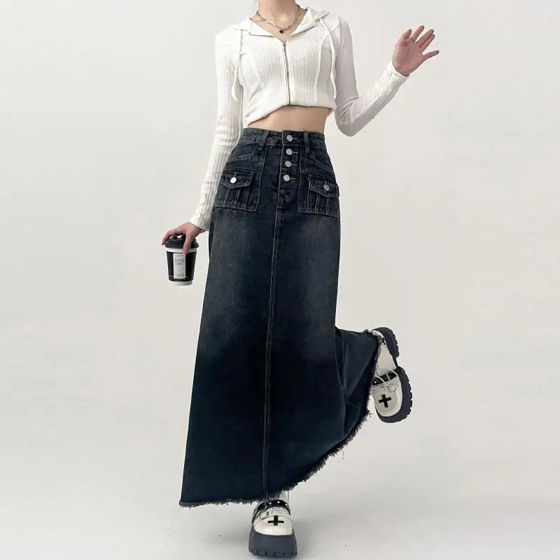 High-Waisted Cargo Denim Skirt