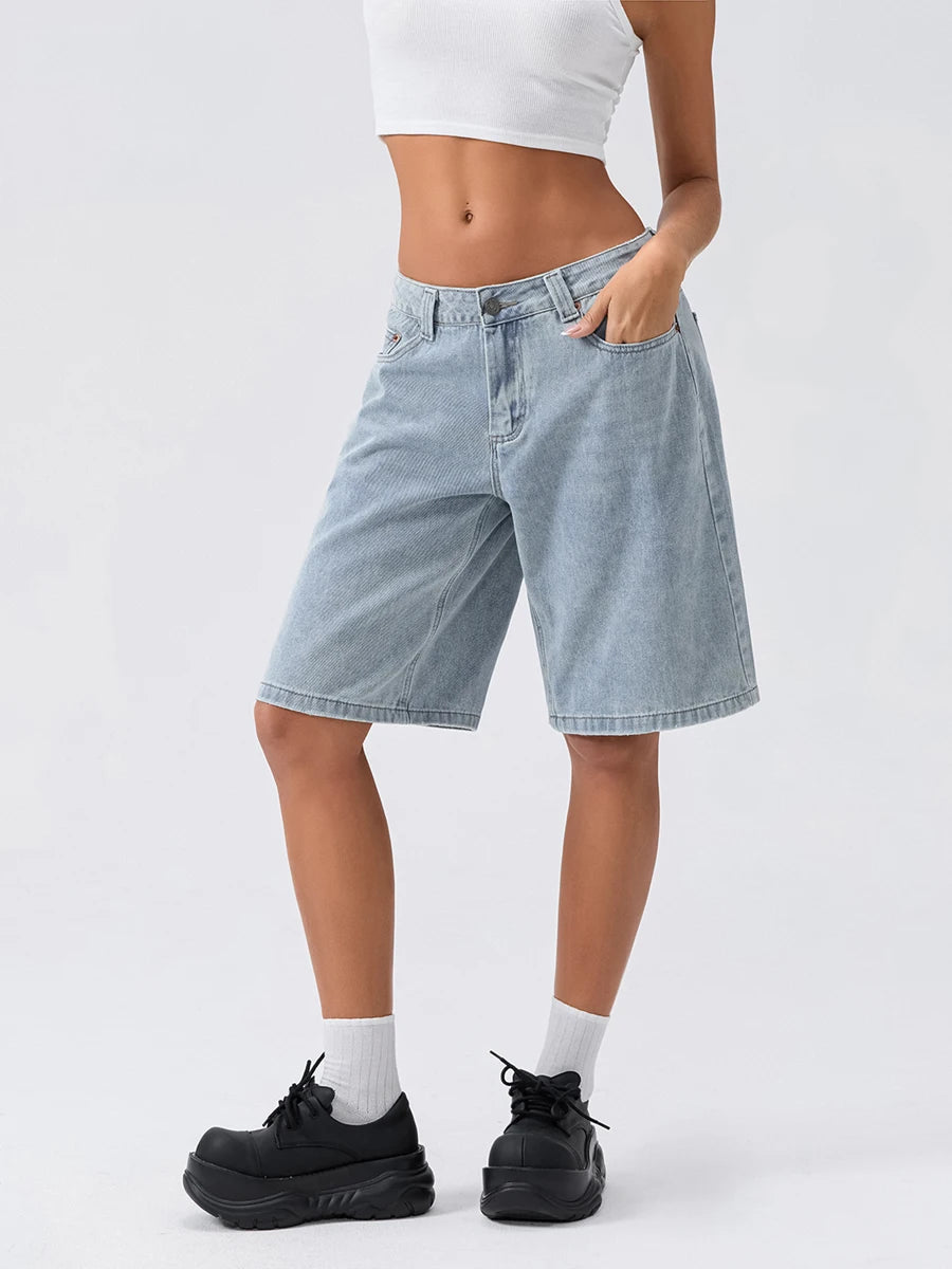 Loose Fit Denim Long Shorts