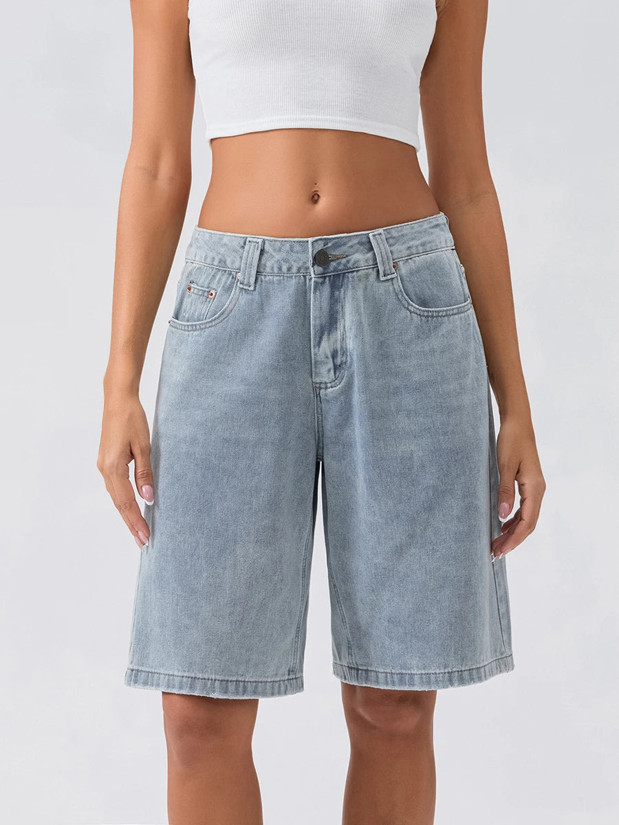 Loose Fit Denim Long Shorts
