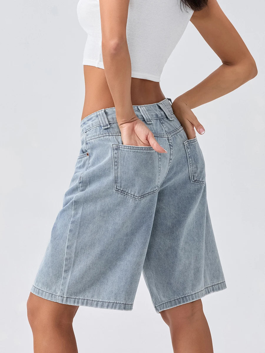 Loose Fit Denim Long Shorts