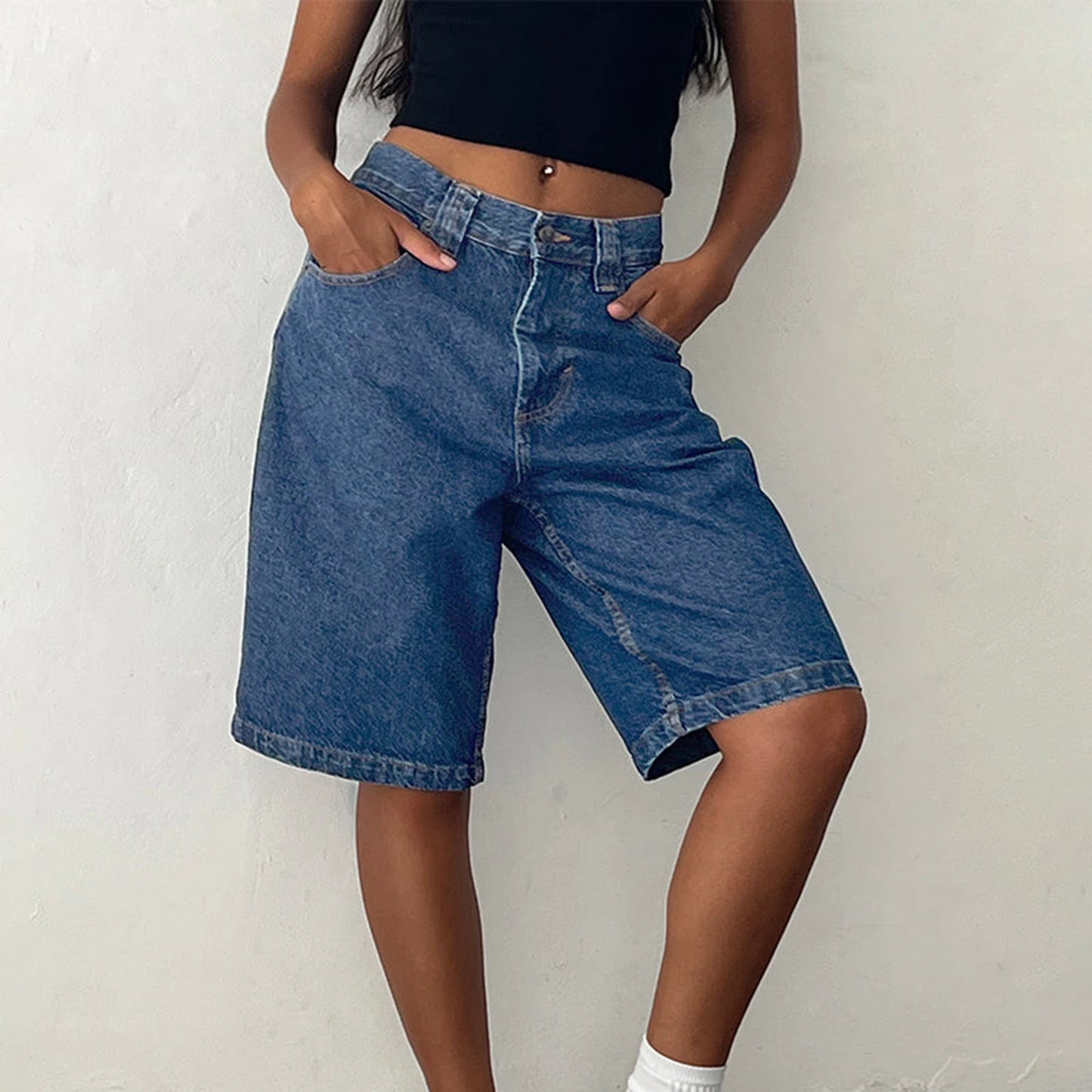 Loose Fit Denim Long Shorts