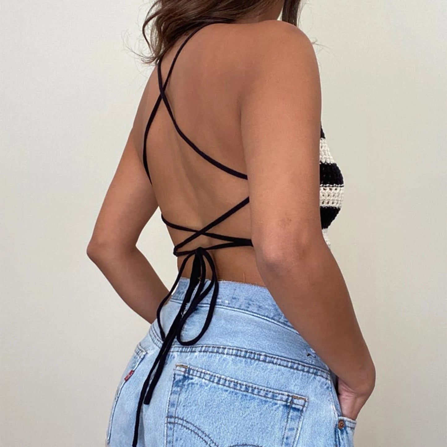 Striped Crochet Halter Crop Top