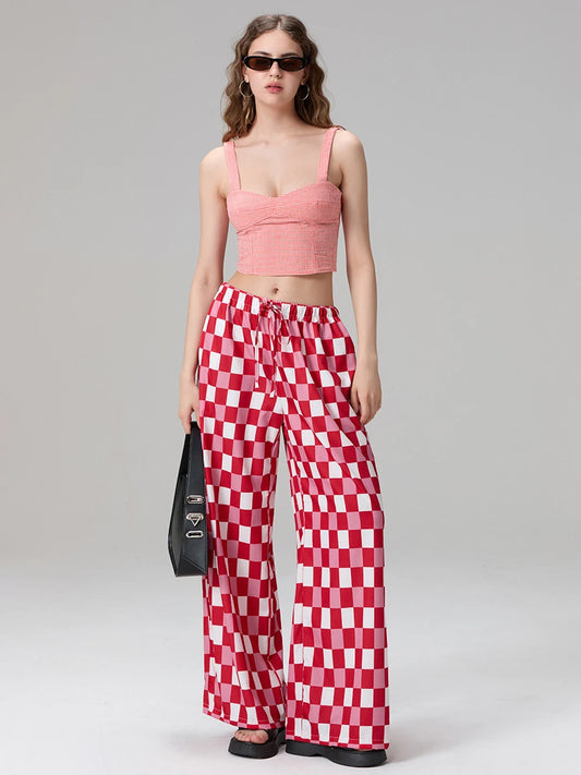 Checkerboard Sun Print Wide-Leg Pants